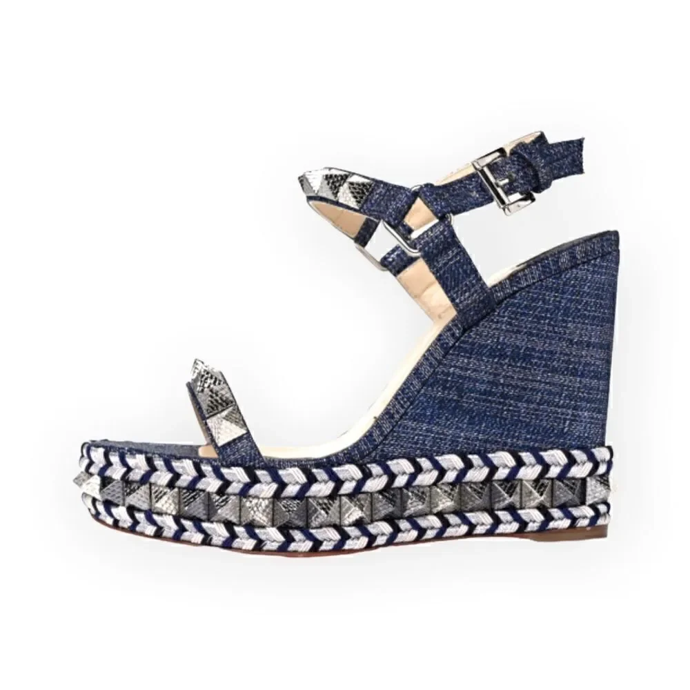 CHRISTIAN LOUBOUTIN Denim Lame Lux Pyraclou 110 Wedge Sandals |Size: 39|